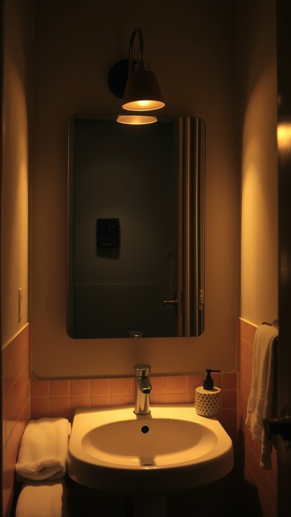 A small bathroom featuring a backlit mirror above a sink, with warm lighting and minimal accessories.