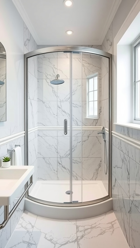 Modern glass shower enclosure in a small bathroom with marble tiles
