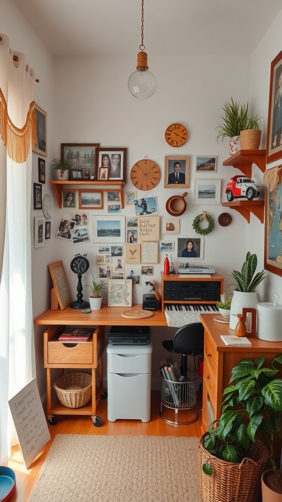 Cozy hobby room corner with personal touches like photos, plants, and functional furniture.