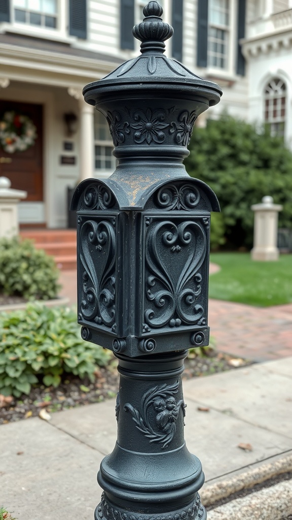 Antique-style cast iron mailbox post with intricate designs