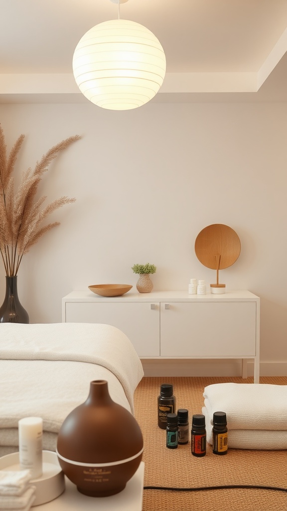 A cozy aromatherapy corner in a massage room featuring essential oils, a diffuser, and a calming atmosphere.