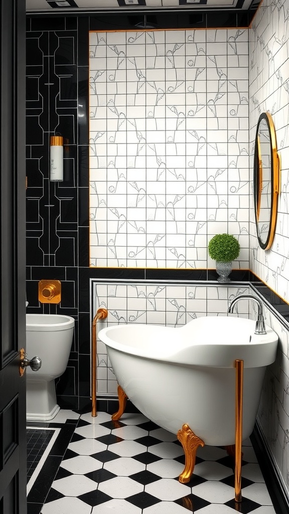 An Art Deco inspired bathroom featuring a black and white color scheme, patterned tiles, a golden legged bathtub, and modern fixtures.