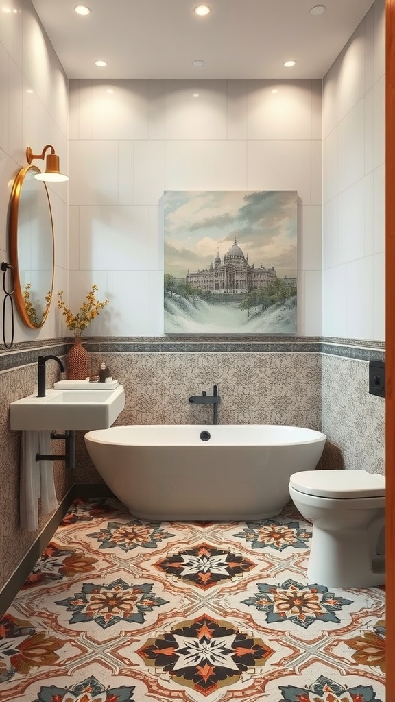 Elegant bathroom with artisan tile designs and modern fixtures.
