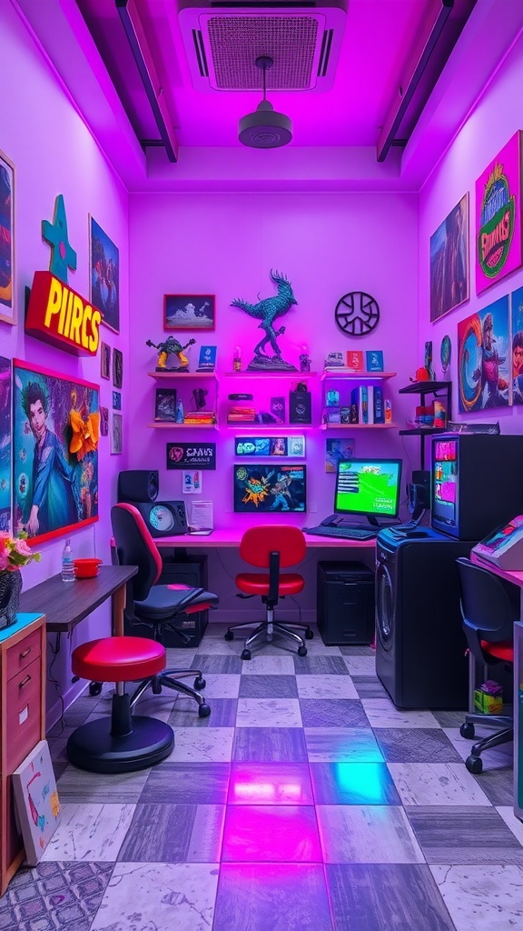 A colorful and artistic game room featuring multiple screens, vibrant lighting, and themed decorations.