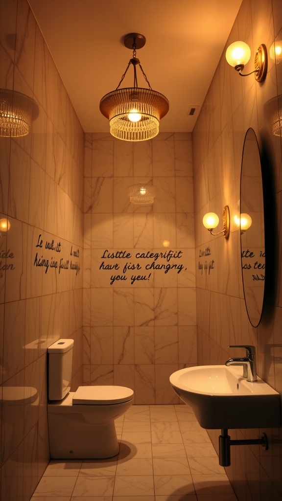 A beautifully lit hall bathroom featuring artistic lighting designs, including a pendant light and wall sconces, with warm tones and marble-like tiles.