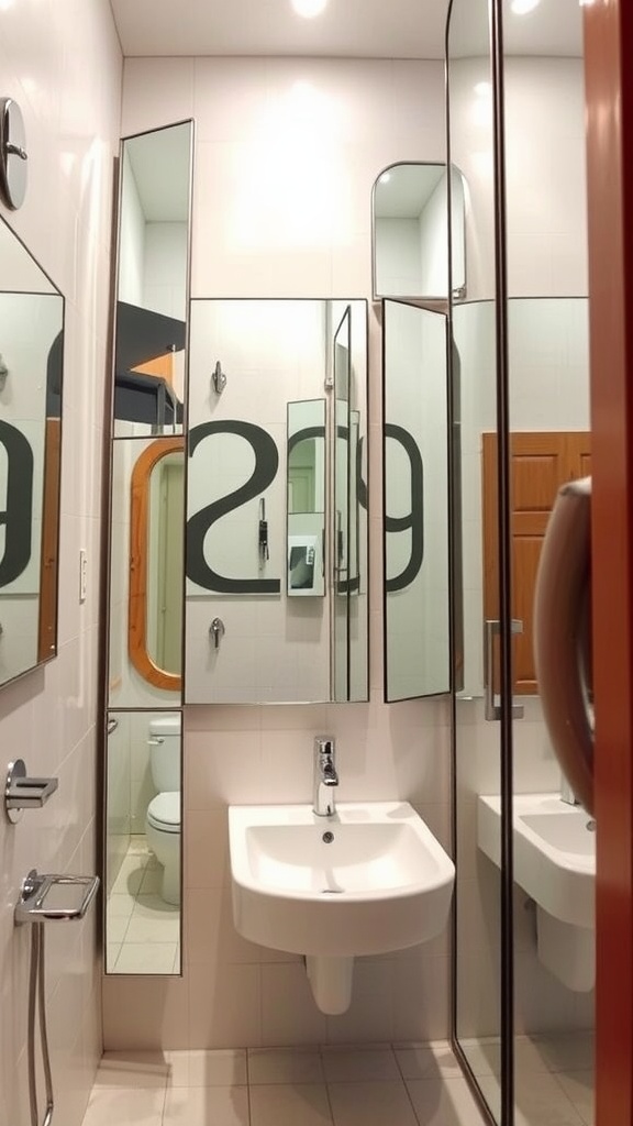 A modern bathroom featuring multiple artistic mirrors in various shapes and sizes