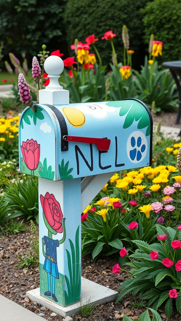 Artistic mailbox post with colorful painting and flowers in the garden