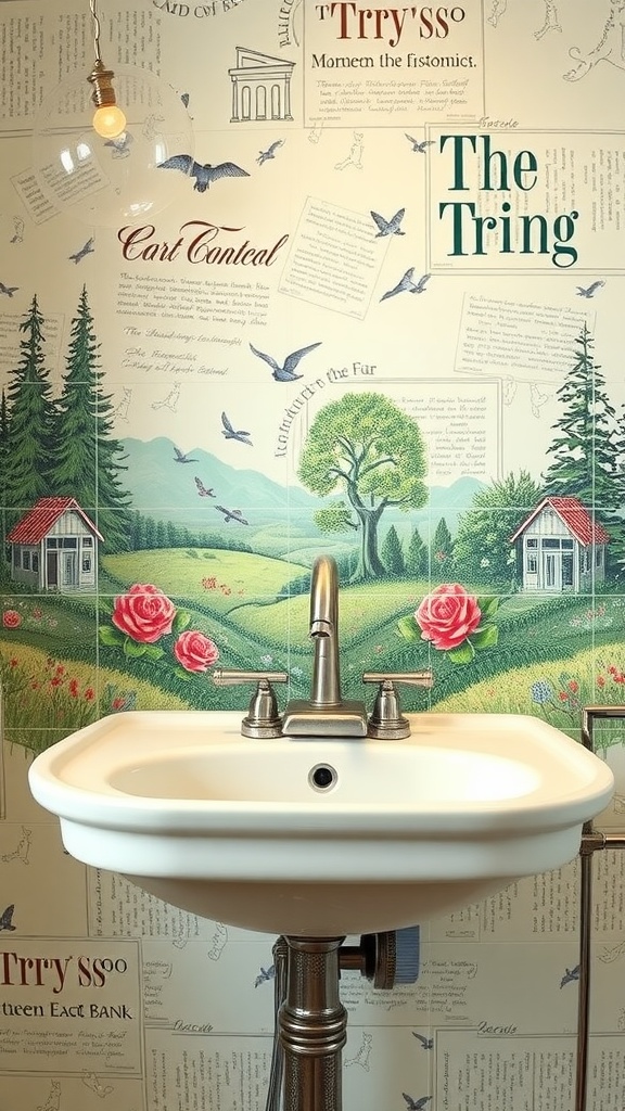 Artistic sink backdrop featuring nature illustrations and playful lettering.