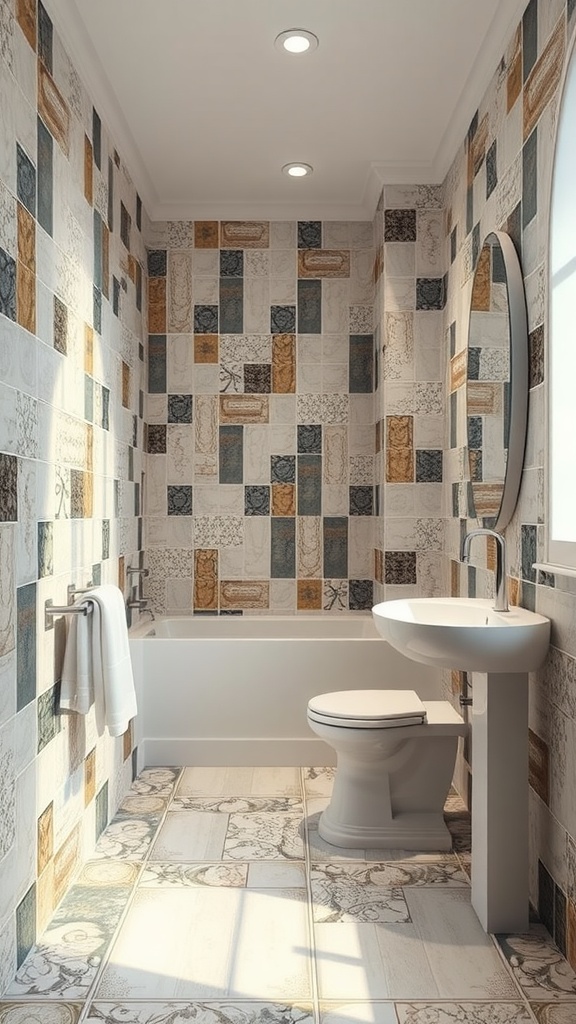 A bathroom featuring artistic tile patterns in various colors and designs on the walls.