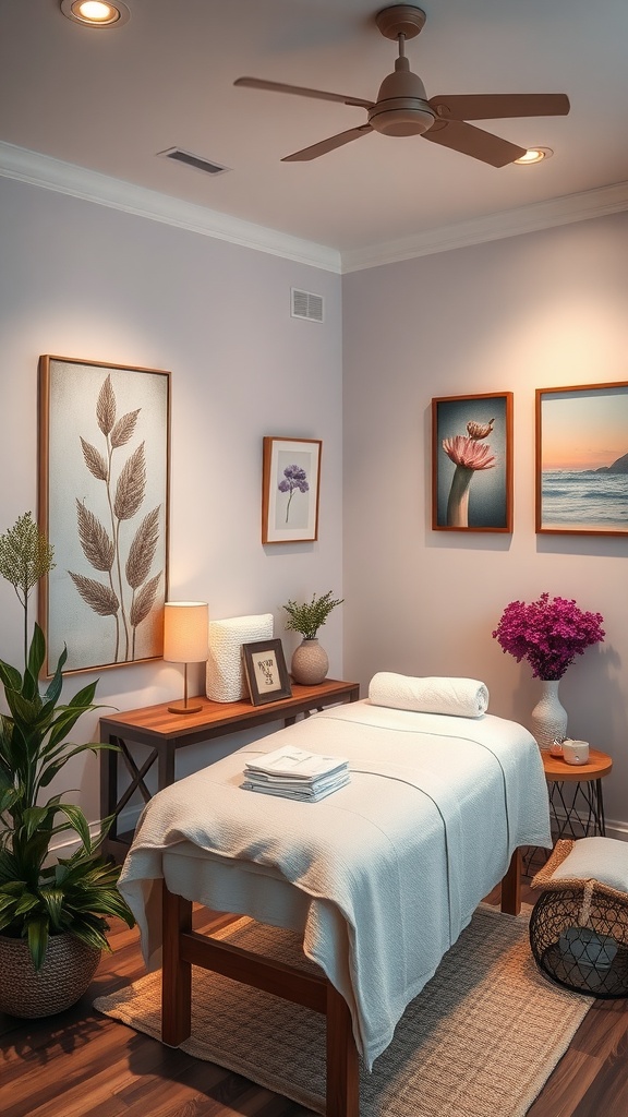 A small massage room featuring calming decor, plants, and a neatly arranged massage table.
