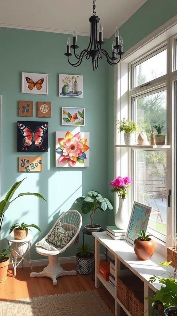 Sunroom with artistic wall decor and shelving, featuring vibrant butterfly and flower prints on a blue wall, a cozy chair, and plants.