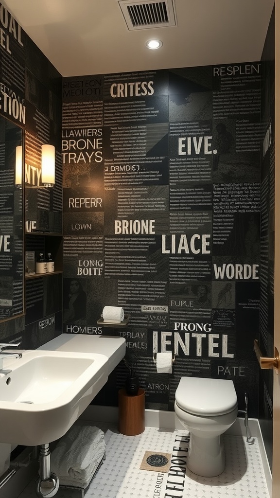 A stylish bathroom featuring artistic wall treatments with bold text and graphics.
