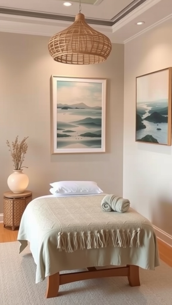 A calming massage room featuring a wooden table, soft decor, and tranquil artwork.