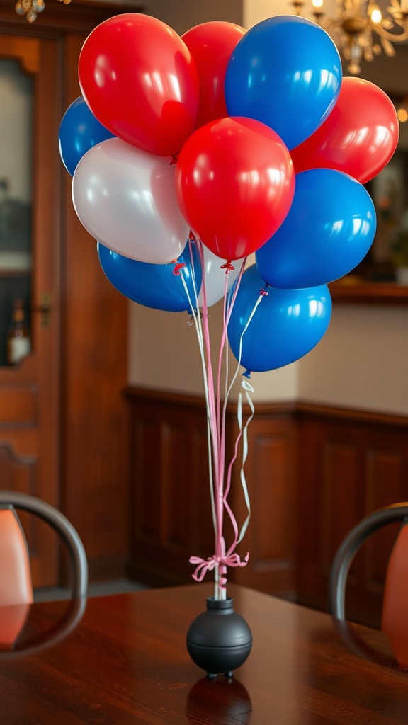 A balloon bouquet centerpiece with red, blue, and white balloons arranged in a black base, sitting on a wooden table.