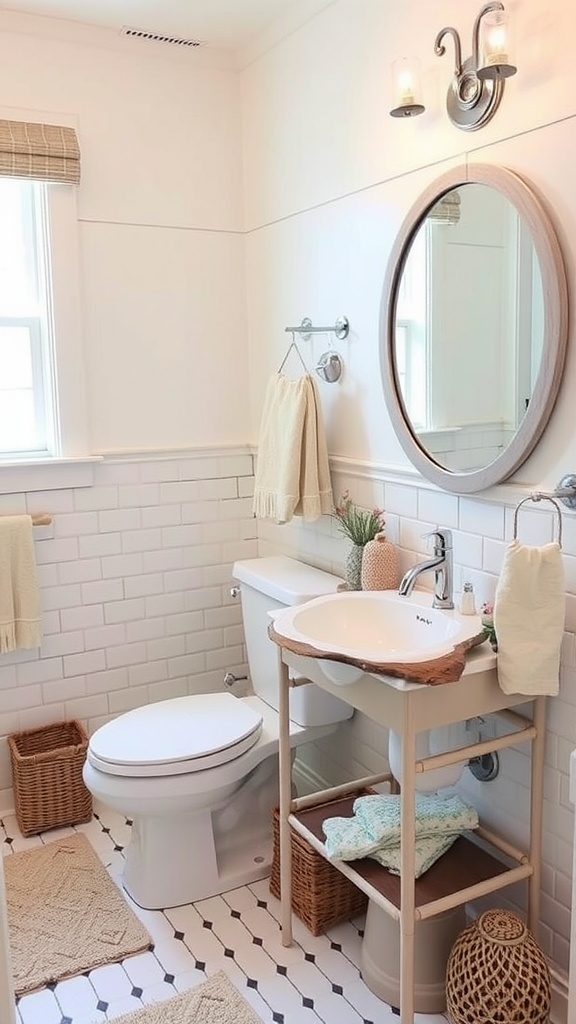 A coastal bathroom featuring a round mirror, woven baskets, and neutral towels.