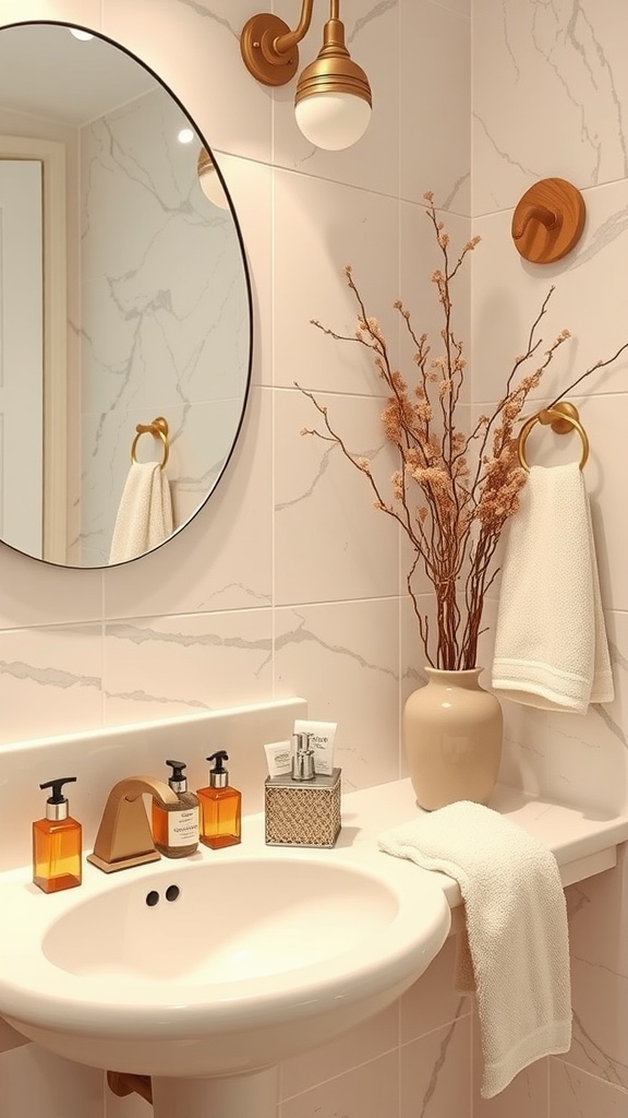 A beige bathroom sink area with a round mirror, gold fixtures, and decorative accessories.