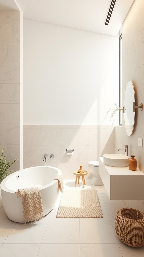 Beige and white modern bathroom with a round bathtub, minimalist decor, and natural elements.