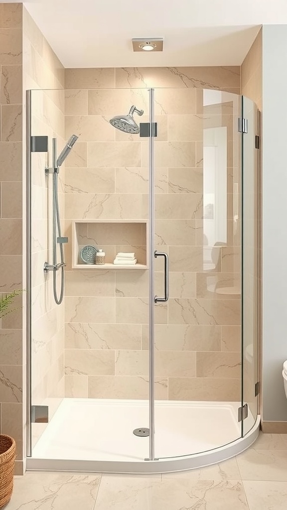 A stylish beige shower space with a glass enclosure and built-in shelf.