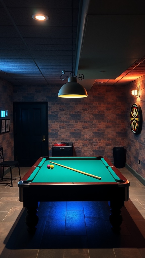 A billiards table with blue felt, a cue stick, and colorful balls in a cozy basement game room with a dartboard on the wall.