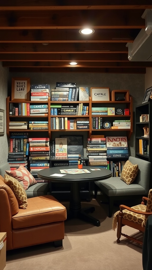 Cozy board game nook with a large bookshelf filled with games and comfortable seating.