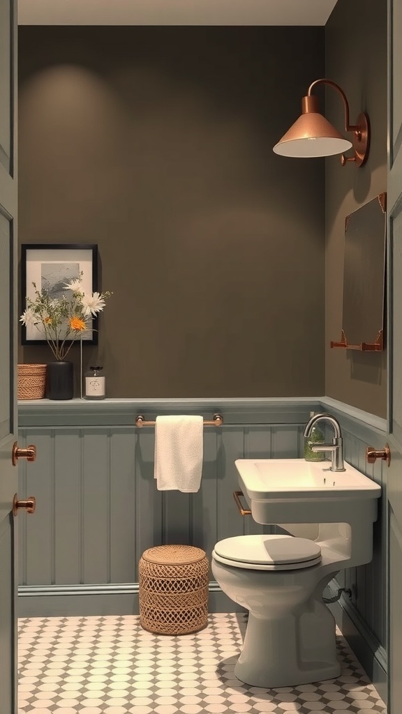A stylish small bathroom with dark accent walls, light fixtures, and wooden accents.