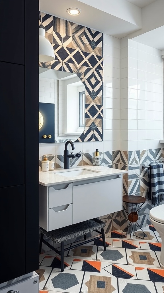 A modern bathroom featuring bold geometric tile patterns in a mix of colors.