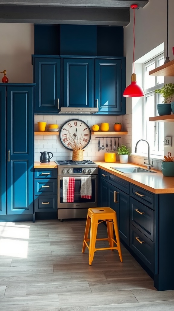 A navy blue kitchen featuring bright yellow accents and red lighting, creating a vibrant and inviting space.