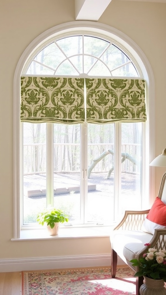 Roman shades with a green floral pattern covering a large window in a sunroom.