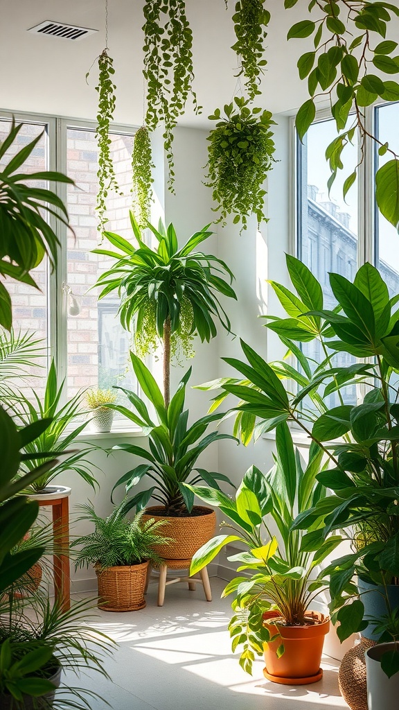 A bright facial space filled with various potted plants, including hanging greenery and ferns, creating a relaxing atmosphere.