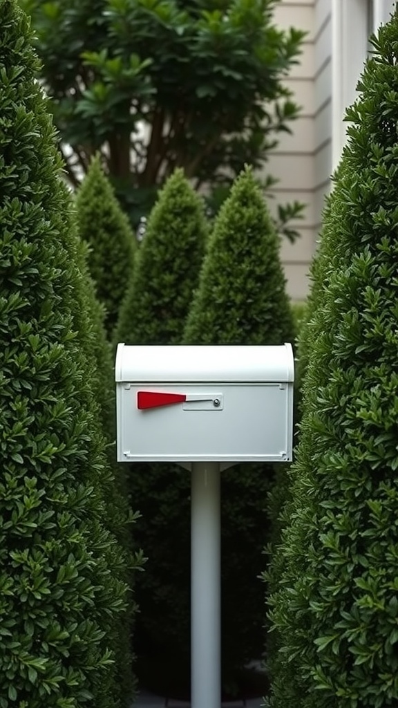 Mailbox surrounded by neatly trimmed boxwood shrubs
