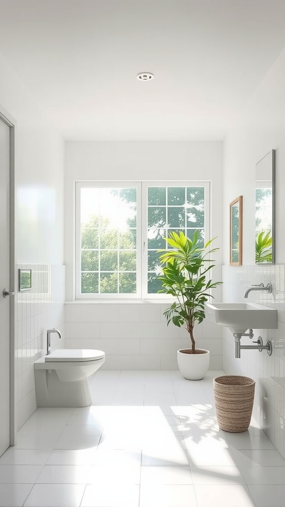 A bright and airy bathroom with large windows, white tiles, and a green plant.