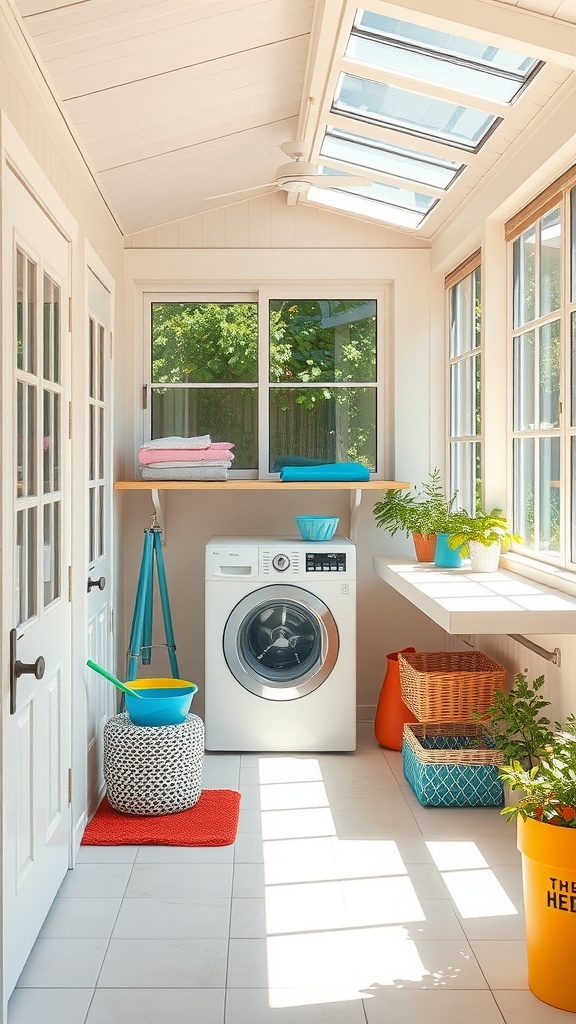 Bright and airy laundry room with large windows, potted plants, and colorful storage containers
