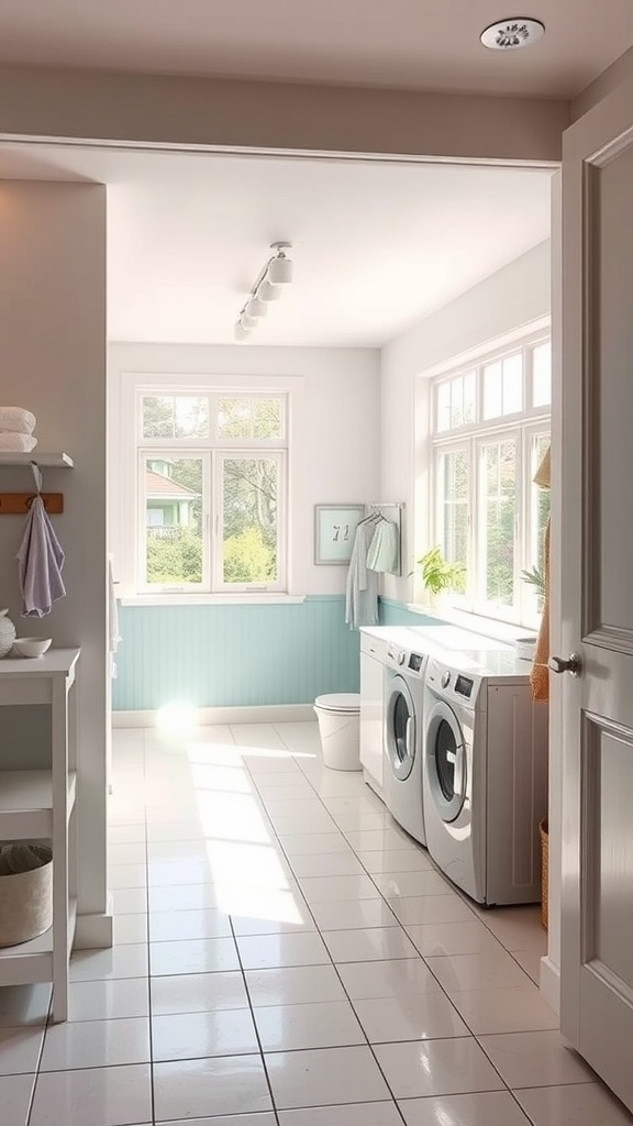 Bright laundry room with white and blue decor, modern appliances, and natural light