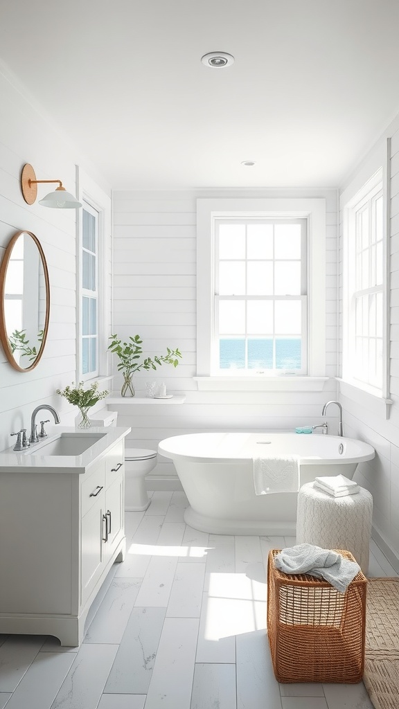 A bright coastal bathroom featuring large windows, natural light, and a freestanding tub.