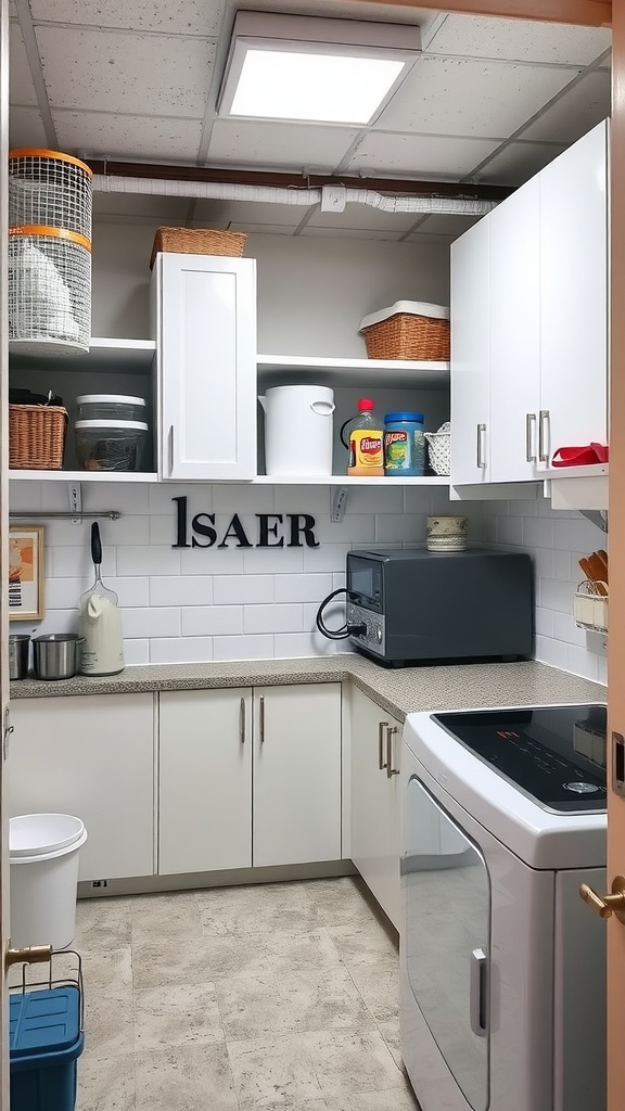 A bright utility room featuring white cabinets, a washer, dryer, microwave, and organized storage.
