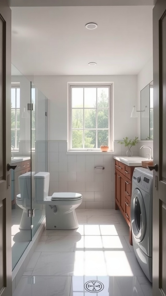 A bright and airy bathroom laundry combo featuring a large window, glass shower enclosure, and warm wood cabinetry.