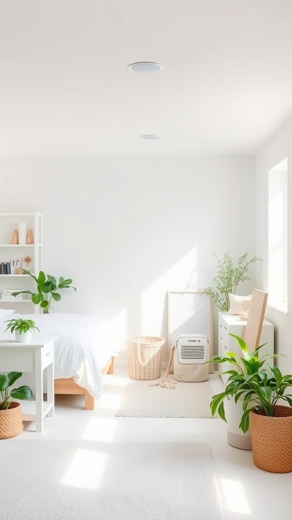 Bright and airy basement bedroom with white accents and plants