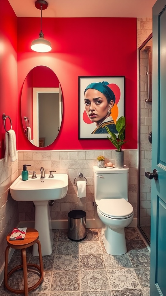 A stylish bathroom with bold red walls, a portrait, modern fixtures, and a wooden stool.