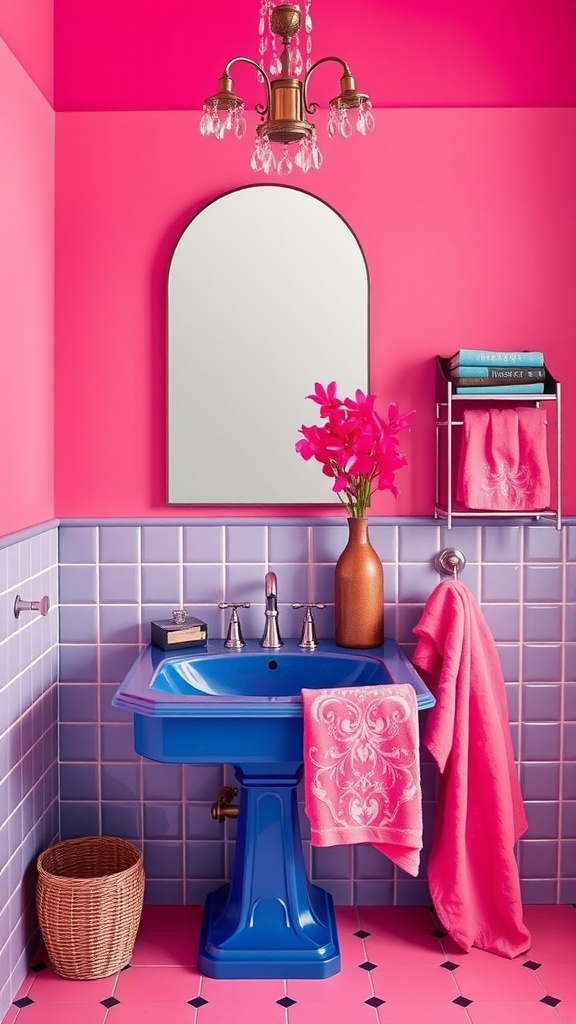 A bathroom with a bright blue sink against vibrant pink walls, featuring decorative elements like flowers and a chandelier.