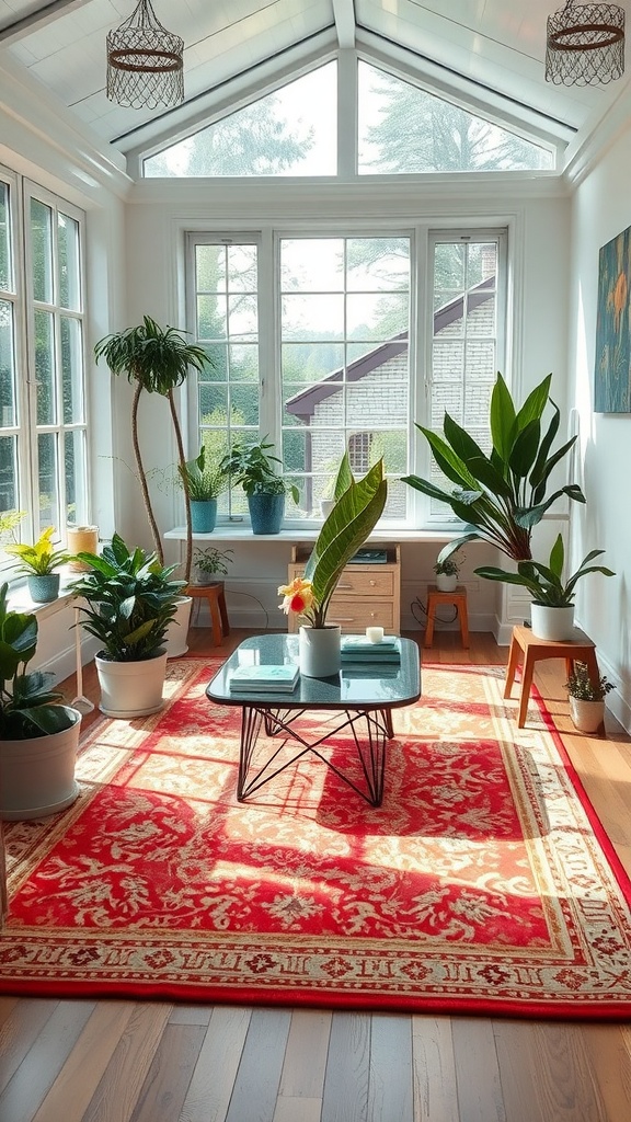 A sunroom with a bright red area rug, plants, and a coffee table, filled with natural light.