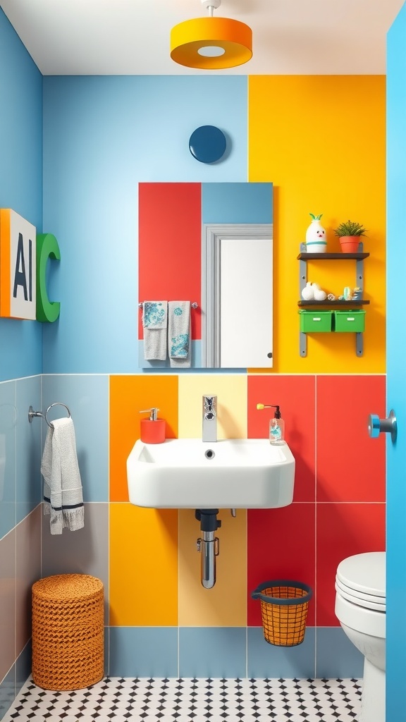 A colorful bathroom featuring bright blue, yellow, red, and green blocks on the walls, with a modern sink and playful decor.