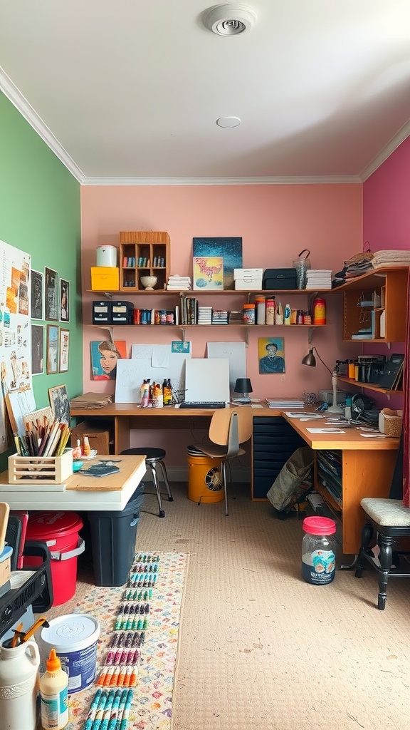 A colorful hobby room with green and peach walls, organized desks filled with art supplies, and a creative atmosphere.