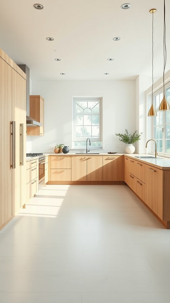 A bright kitchen featuring light oak cabinets, white countertops, and large windows.
