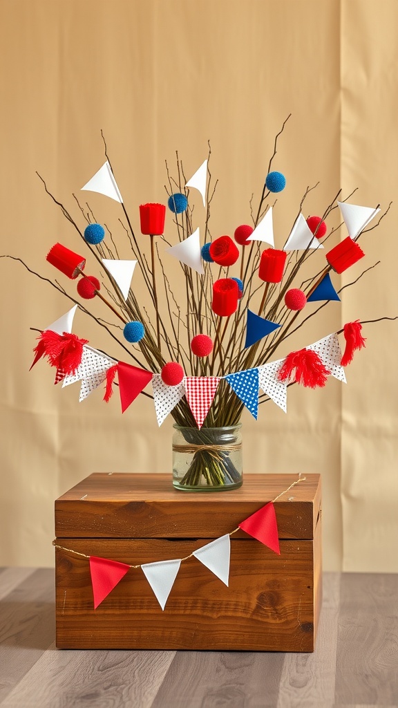 A colorful centerpiece featuring branches with red, white, and blue decorations, including pom-poms and bunting, displayed on a wooden box.