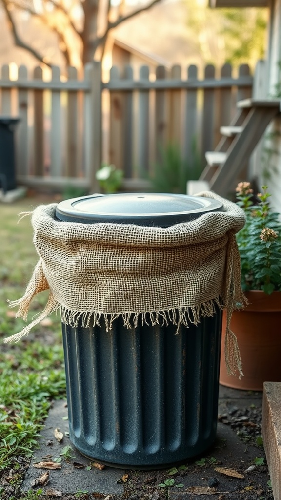 A black trash can wrapped in burlap in a backyard setting.