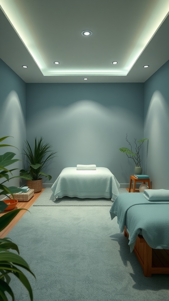 A calming massage room with soft blue walls, cozy bedding, and plants.
