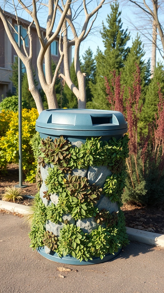 A trash can covered with lush greenery, blending into the outdoor environment.