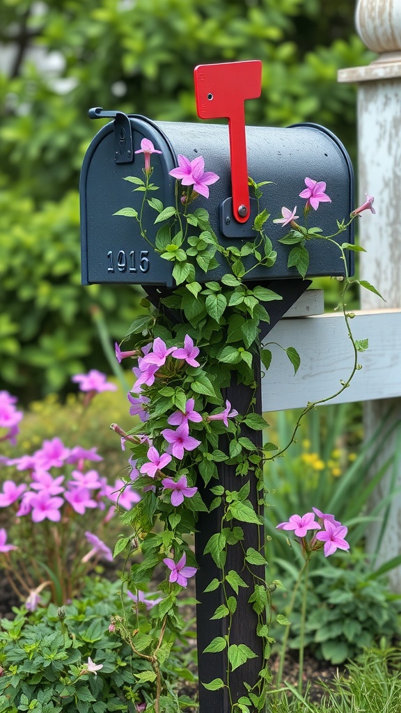 A mailbox adorned with pink flowers cascading down the side, surrounded by green plants.