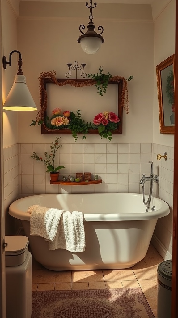 Charming bathtub nook with a decorative shelf and warm lighting