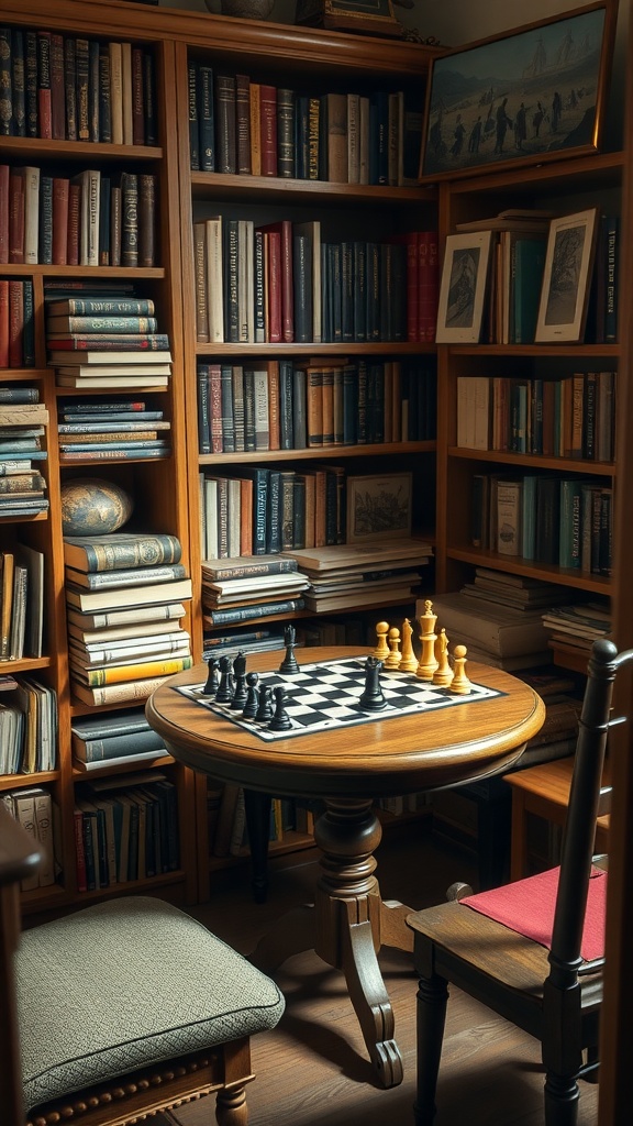 A charming chess corner featuring a round table with a chess set, surrounded by bookshelves filled with books and a comfortable chair.